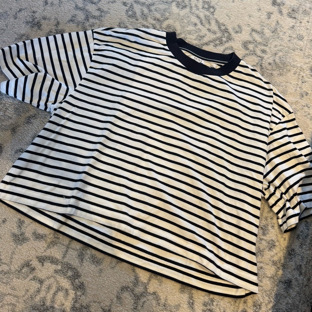 Cropped striped tee from Pistola. Open back detailing. Great quality tee.